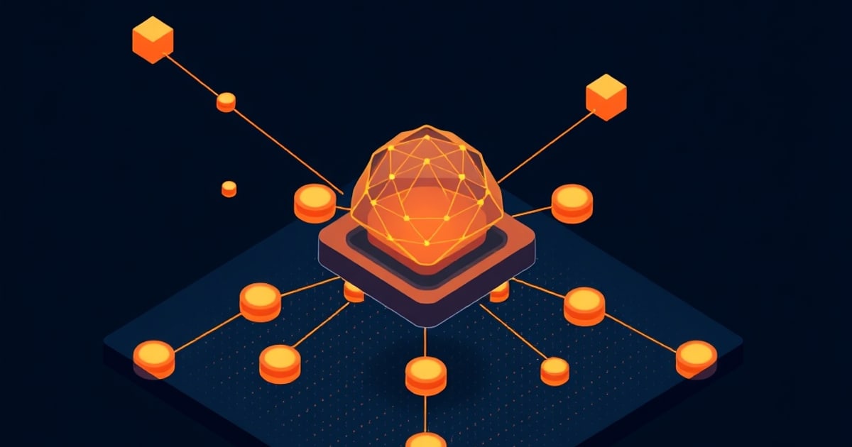 Isometric vector illustration of interconnected gears and code symbols representing AI policy and regulation hub with compliance tags